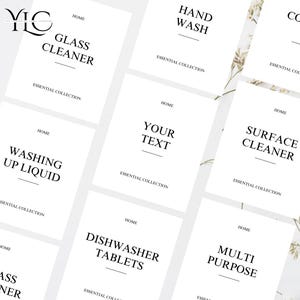 Könnte beinhalten: Weiße rechteckige Etiketten mit schwarzem Text für Haushaltsreinigungsprodukte. Etiketten enthalten "Glass Cleaner", "Hand Wash", "Surface Cleaner", "Washing Up Liquid", "Dishwasher Tablets" und "Multi Purpose". Der Text "Essential Collection" ist ebenfalls vorhanden.