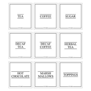 May include: Nine white rectangular labels with black text for kitchen organization. Labels include "TEA", "COFFEE", "SUGAR", "DECAF TEA", "DECAF COFFEE", "HERBAL TEA", "HOT CHOCOLATE", "MARSH MALLOWS", and "TOPPINGS". Each label has "KITCHEN" at the bottom.