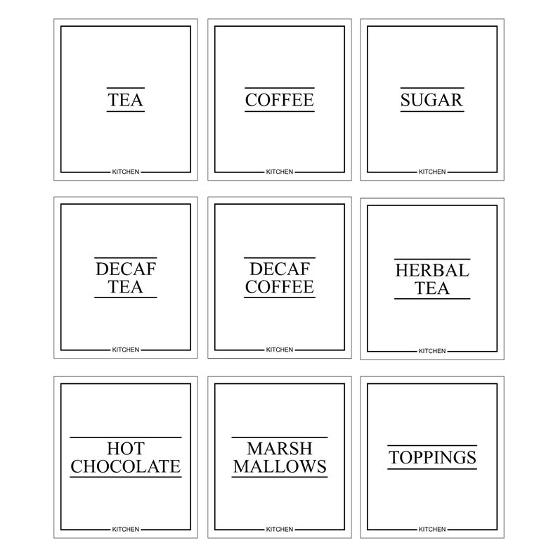 May include: Nine white rectangular labels with black text for kitchen organization. Labels include "TEA", "COFFEE", "SUGAR", "DECAF TEA", "DECAF COFFEE", "HERBAL TEA", "HOT CHOCOLATE", "MARSH MALLOWS", and "TOPPINGS". Each label has "KITCHEN" at the bottom.