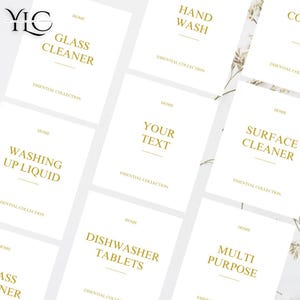 May include: White rectangular labels with gold text for home cleaning products. Labels include "Glass Cleaner," "Hand Wash," "Surface Cleaner," "Washing Up Liquid," "Dishwasher Tablets," and "Multi Purpose."