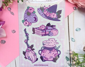 Floral Witch waterproof Vinyl Sticker Sheet // Mirror Effect, Cute stationery, Kawaii Planner Stationery