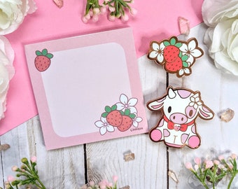 Tootie Strawberry Memo Pad and Pin Bundle // Cute, Kawaii, Fruit, Stationery, Spring