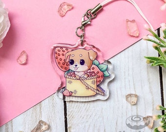 Strawberry Picker Puppy Acrylic Charm // Cute, Kawaii, Double Sided, Clear Epoxy Acrylic Charm