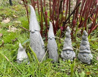 Concrete Garden Gnomes, Light Gray Stain, Set of 5