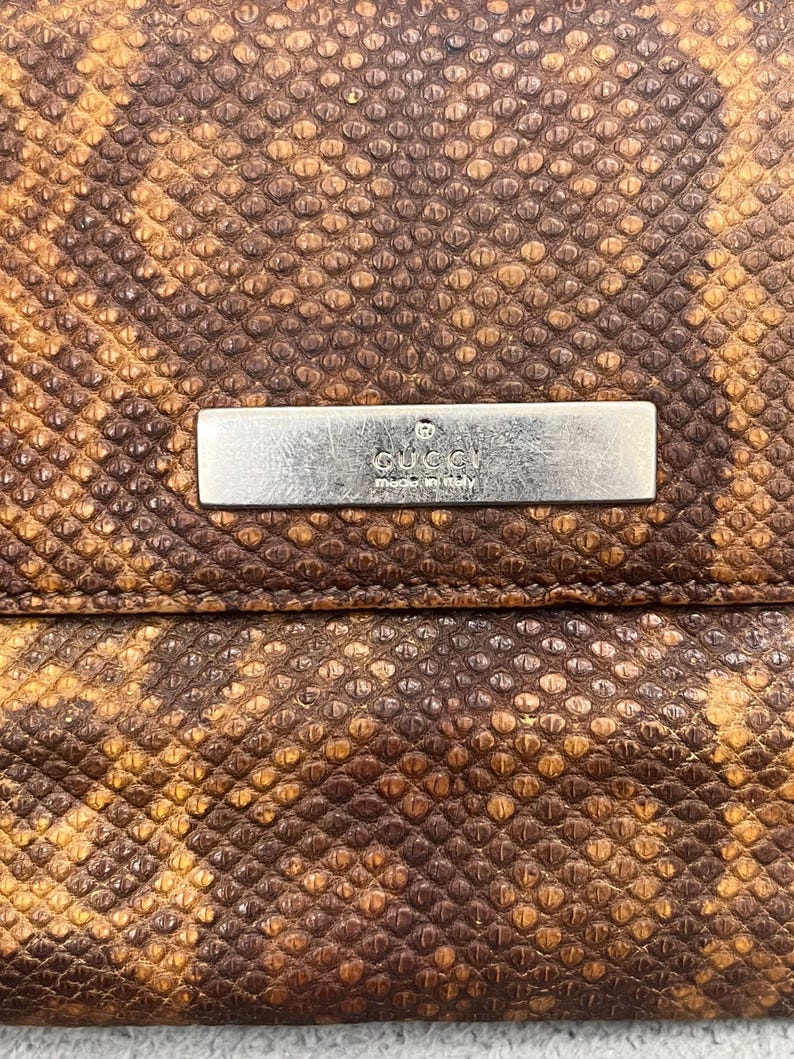 May include: A brown and tan snakeskin-textured wallet featuring a rectangular silver-toned metal plaque centered on the front. The plaque is engraved with the text GUCCI and made in italy, with a small registered trademark symbol above the brand name.