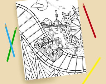 バニーテーマパークのぬり絵｜デジタルダウンロード｜手描き