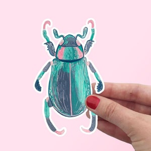 Blauwe en roze kever sticker waterdicht insect kunst sticker voor laptop skateboard natuurliefhebbers volkskunst gouache ontwerp leuke cadeaus voor haar