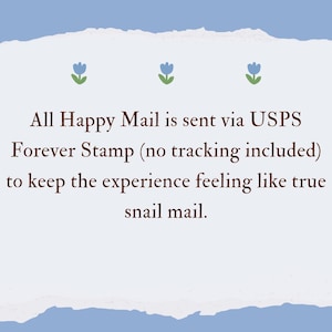Może przedstawiać: Jasnoniebieskie i białe tło z tekstem "All Happy Mail is sent via USPS Forever Stamp (no tracking included) to keep the experience feeling like true snail mail." U g&oacute;ry znajdują się dekoracyjne niebieskie kwiaty.