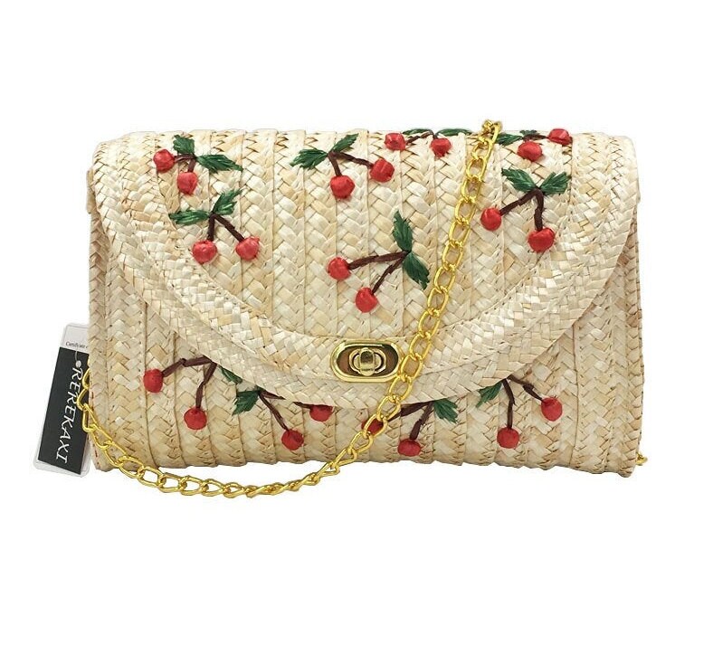 8PCS / LOT Lace Crochet Straw Beach Bags for Girls Summer Cherry