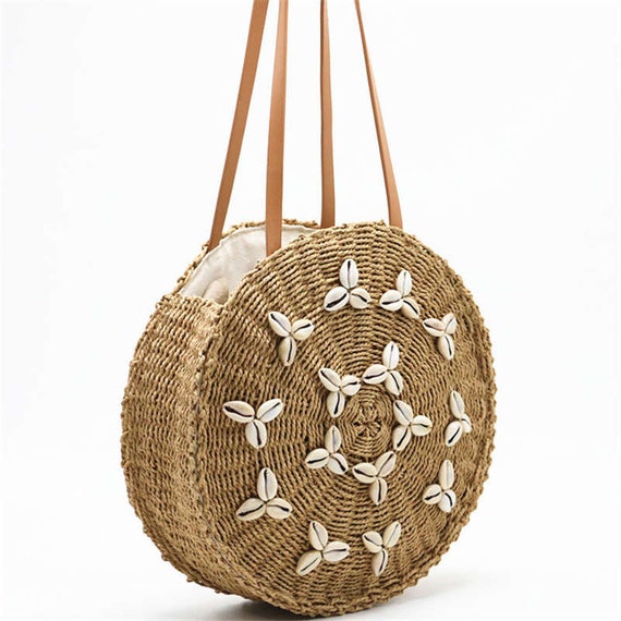 Handmade Woven Summer Beach Round Straw Bags for Women