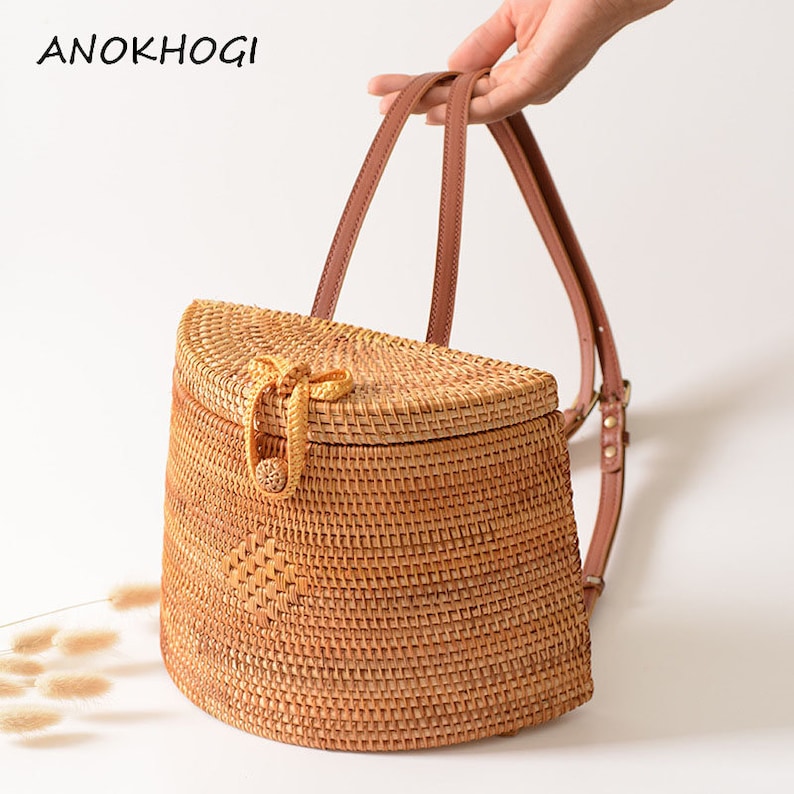 New Handmade Woven Rattan Backpacks Women PU Leather Bow Hasp Inside Blue Flowers Print Backpack Ladies Double Straps Bags B59