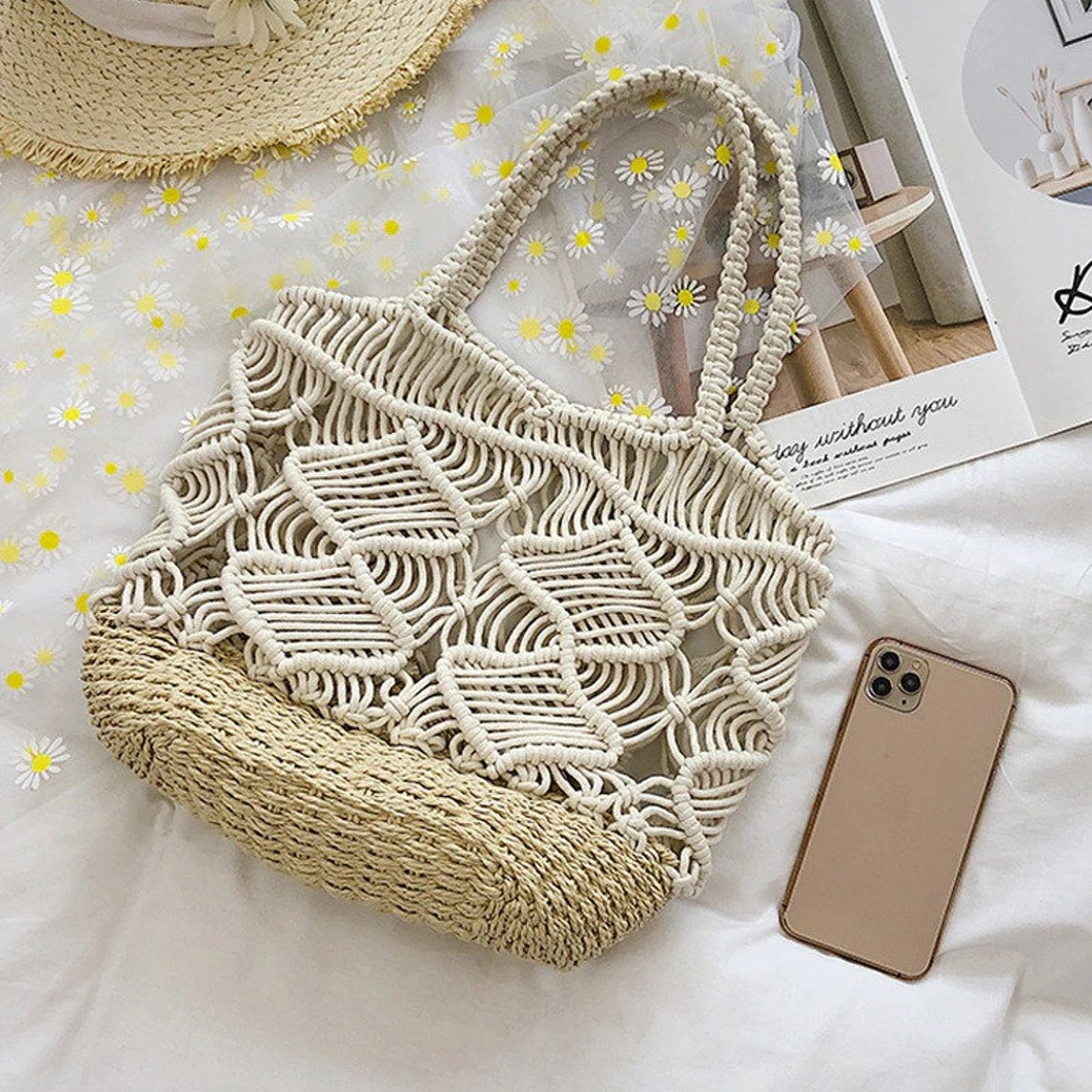 Cotton Rope Woven Women's Handbag Shopper Knitted Shoulder Etsy