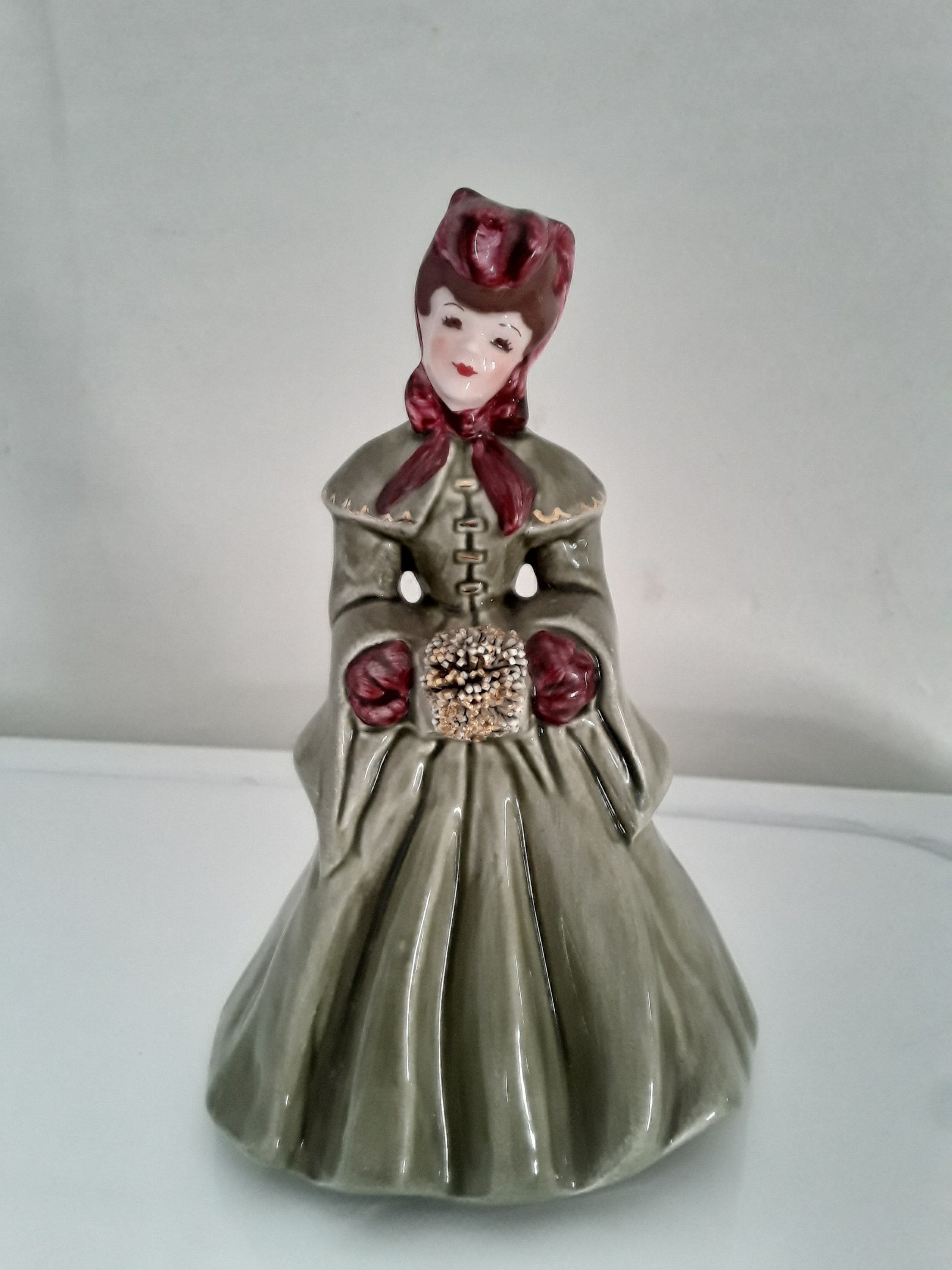 Florence Ceramics Elaine Figurine, Inches, Green Coat, Gold Muff