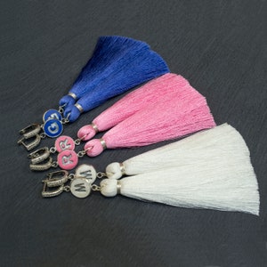 Silk tassels earrings, monogram earrings, handmade earrings, dangle earrings, boho earrings, Colorful earrings, Oversize earrings
