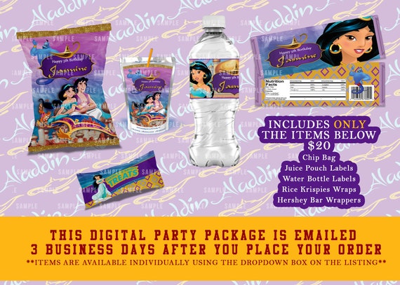 10 PRINCESS JASMINE ALADDIN BIRTHDAY PARTY FAVORS WATER BOTTLE LABELS WRAPPERS 