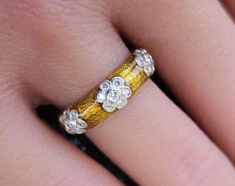 Hidalgo Band Ring Stack 3 Flower Diamond Yellow Enamel 18k White Gold Sz 5