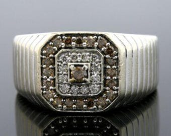 Levian Men's Diamond Ring Chocolate & White 14k Gold Square Signet Size 10.25