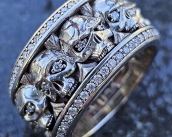 Night Rider Usa 14k Diamond Skull Ring Eternity Band Mens 14k White Gold Sz 13