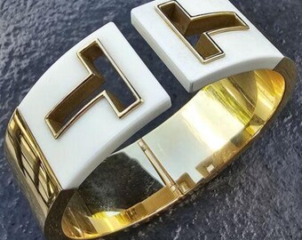 Tiffany & Co. Cut-Out White Ceramic Cuff Bracelet 18k Yellow Gold Germany Box