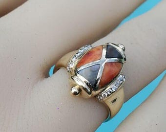 Asch Grossbardt Ring 14k Yellow Gold Diamond Mother Pearl Inlay Sz 3.5