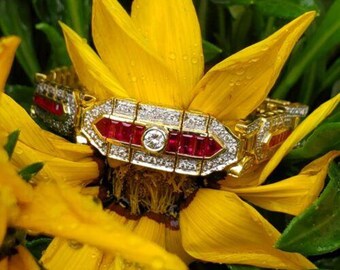 Levian Bracelet Diamond Ruby Art Deco Style 18k Yellow Gold Baguette
