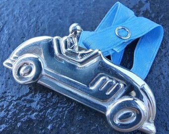 Tiffany & Co.  Racecar Car Pacifier Clip Sterling Silver Baby Blue Ribbon Pouch
