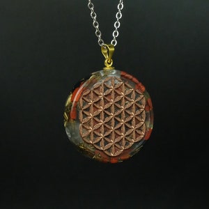 Flower of Life Orgonite Amulet Sacred Geometry Pendant made of Gemstones Red Jasper Rock Crystal Black Tourmaline