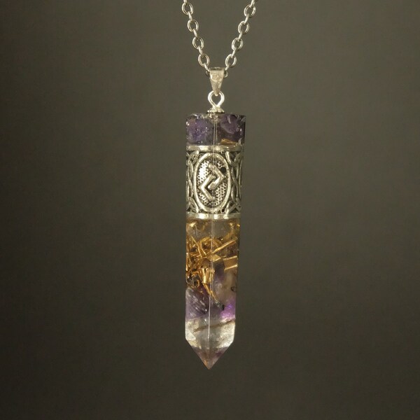 Obelisk rune pendant with Viking rune Jera made of orgonite with amethyst and rock crystal for mental well-being and clarity