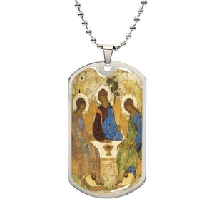 Heilige Dreifaltigkeit Ikonen Dog Tag Halskette, Andrei Rublev Stil, personalisiertes Geschenk