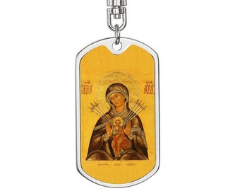 Seven Sorrows Mary dog tag keychain, Catholic jewelry, Protection keychain