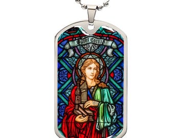Collar con placa de identificación de Santa Cecilia, regalo de joyería católica para músicos o poetas.