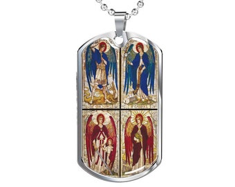 Archangels Michael, Gabriel, Raphael, Uriel Military Dog Tag Necklace