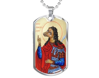 Placa de identificación con la cabeza de perro de San Cristóbal, santo patrón de los viajeros