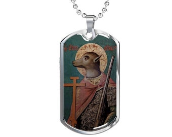 Collar con placa de identificación de San Cristóbal con cabeza de perro, patrón de los viajeros.