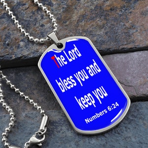 The Lord bless you and keep you, Numbers 6:24, Dog tag pendant necklace, military ball chain
