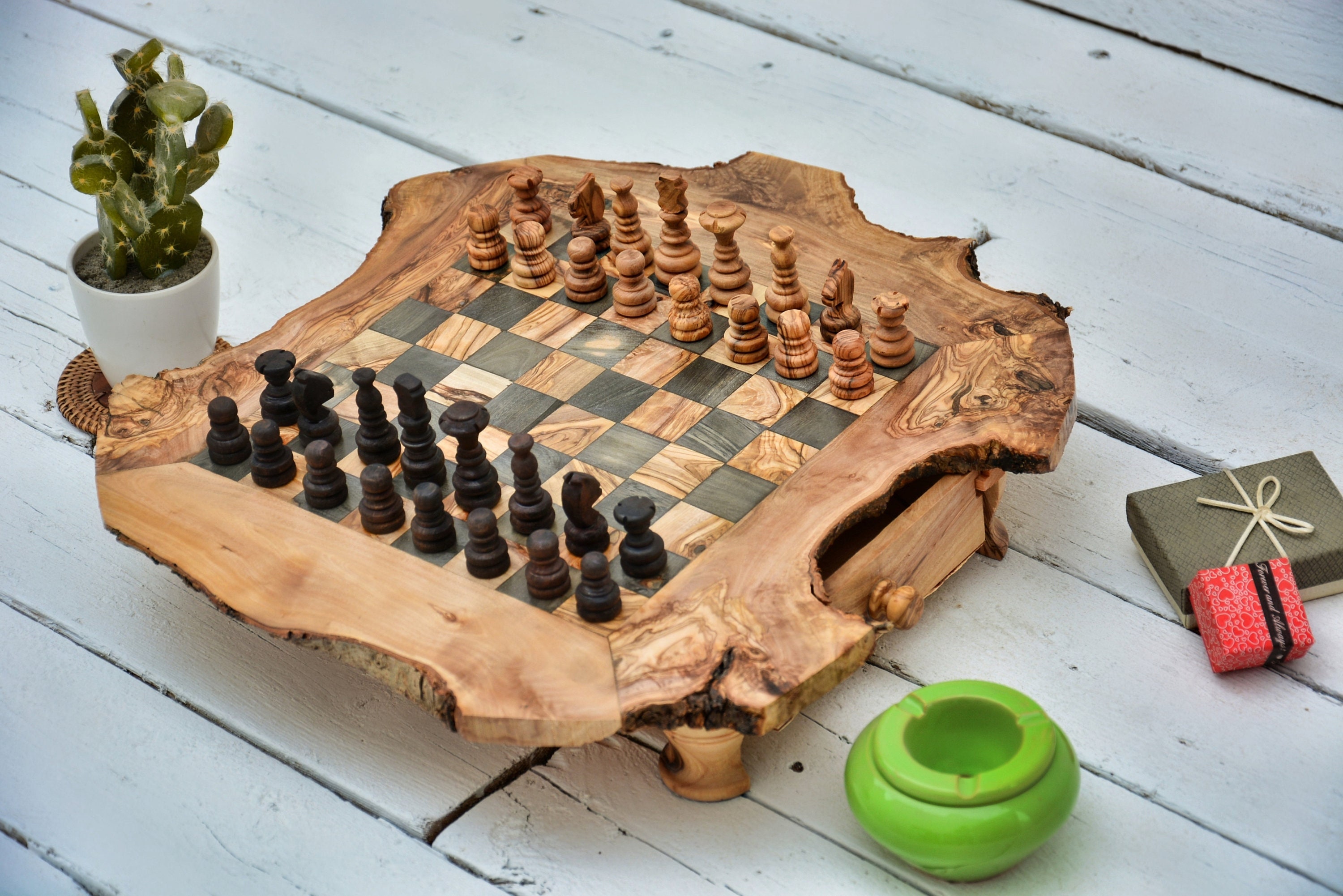 Large Olive wood Chess Board 16 x 16 Rustic Live Edge with 32  hand-crafted chess pieces + handmade Bag for pieces