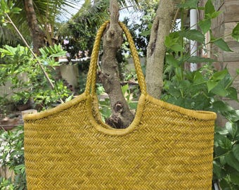 ALTICA Monalisa Handwoven Leather Tote - Bamboo Green Woven Basket Shoulder Bag