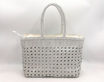 ALTICA Genuine Leather Hand Woven Cuboid Shaped Ladies TOTE Bag - MELISSA (Metallic Silver)