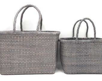ALTICA Genuine Leather Hand Woven Bamboo Style Ladies Tote Bag (HELEN) - Silver Grey