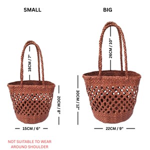 May include: Two brown woven tote bags, labeled "Small" and "Big", with dimensions in inches and centimeters. The small bag is 7" high, 6" wide, and 8" deep. The large bag is 10" high, 9" wide, and 12" deep. The text "ELENA" is at the top.