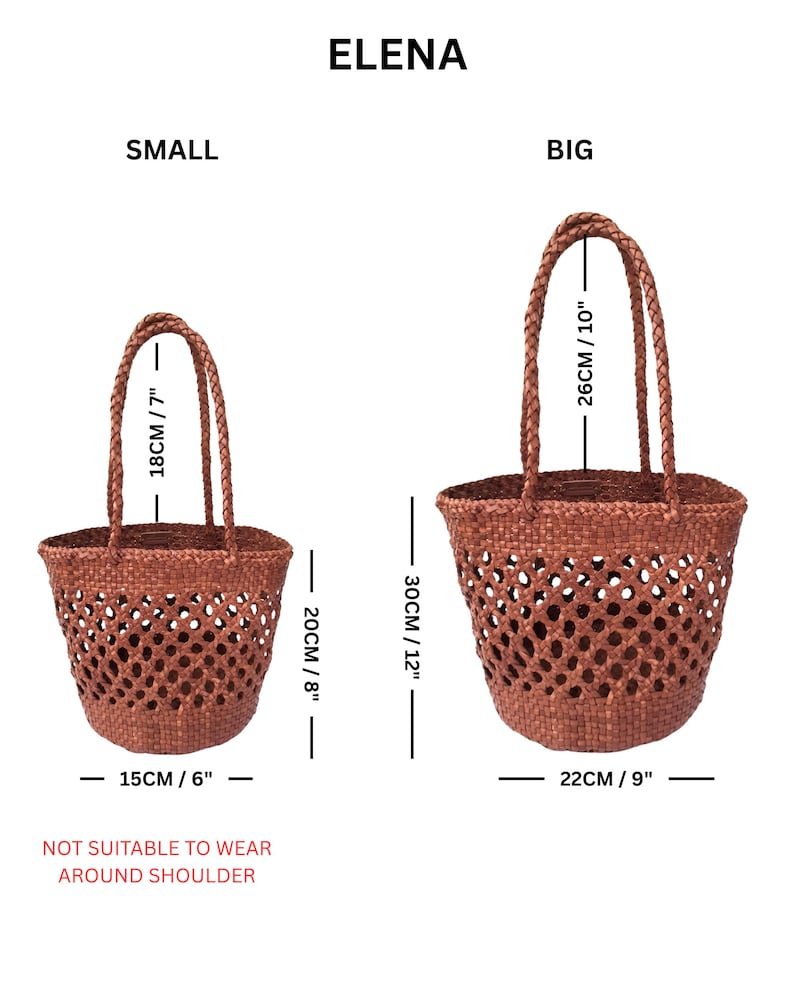 May include: Two brown woven tote bags, labeled "Small" and "Big", with dimensions in inches and centimeters. The small bag is 7" high, 6" wide, and 8" deep. The large bag is 10" high, 9" wide, and 12" deep. The text "ELENA" is at the top.