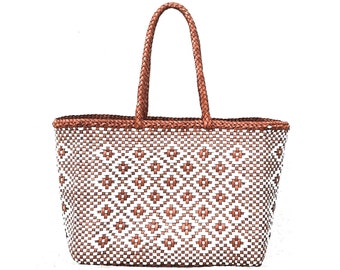 ALTICA Genuine Leather Hand Woven Triple Jump Bamboo Style Ladies TOTE Bag - HARLEQUIN