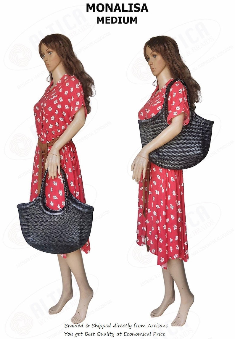 May include: Two mannequins display a black woven tote bag. The bag has a rounded shape with a handle. The mannequins wear a red dress with white floral patterns and a brown belt. The text "MONALISA MEDIUM" is at the top.