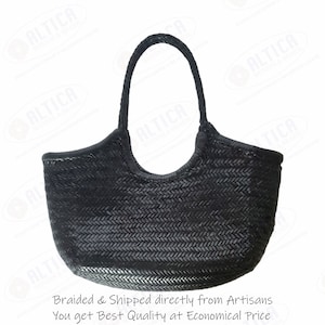 ALTICA Genuine Leather Hand Woven Triple Jump Bamboo Style Ladies Hobo Bag - MONALISA - BLACK