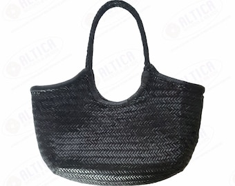 ALTICA Genuine Leather Tejido a Mano Triple Jump Bamboo Style Ladies Hobo Bag - MONALISA - NEGRO