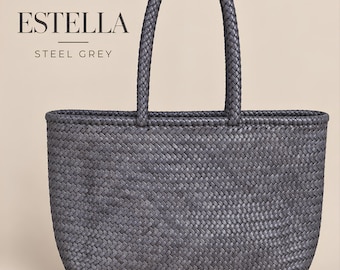 Leather Hand Woven Ladies Tote Bag - ESTELLA - Steel Grey