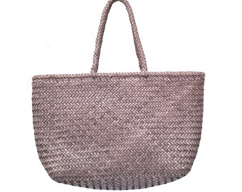 ALTICA Genuine Leather Hand Woven Crosshatch textured Ladies Tote Bag - DIACROSS (Light Grey)