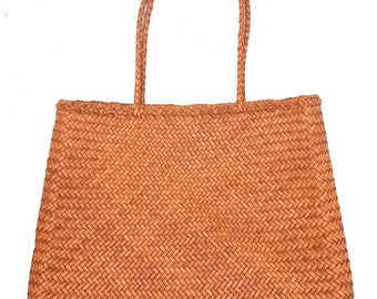 ALTICA Genuine Leather Hand Woven Triangular Shape Bamboo Style Ladies Tote Bag - BARBIE