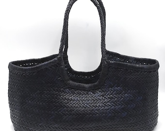 ALTICA Genuine Leather Hand Woven Triple Jump Bamboo Style Ladies HOBO Bag - Black