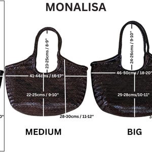May include: Image shows four sizes of black tote bags labeled Mini, Small, Medium, Big, and Jumbo. Each bag has dimensions in centimeters and inches. The bags have handles and a woven texture. The text "MONALISA" is at the top.